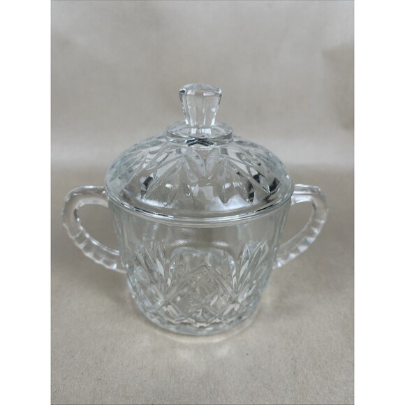 VINTAGE ANCHOR HOCKING PINEAPPLE PRESCUT GLASS DOUBLE HANDLED‎ SUGAR BOWL W/LID - Picture 1 of 11